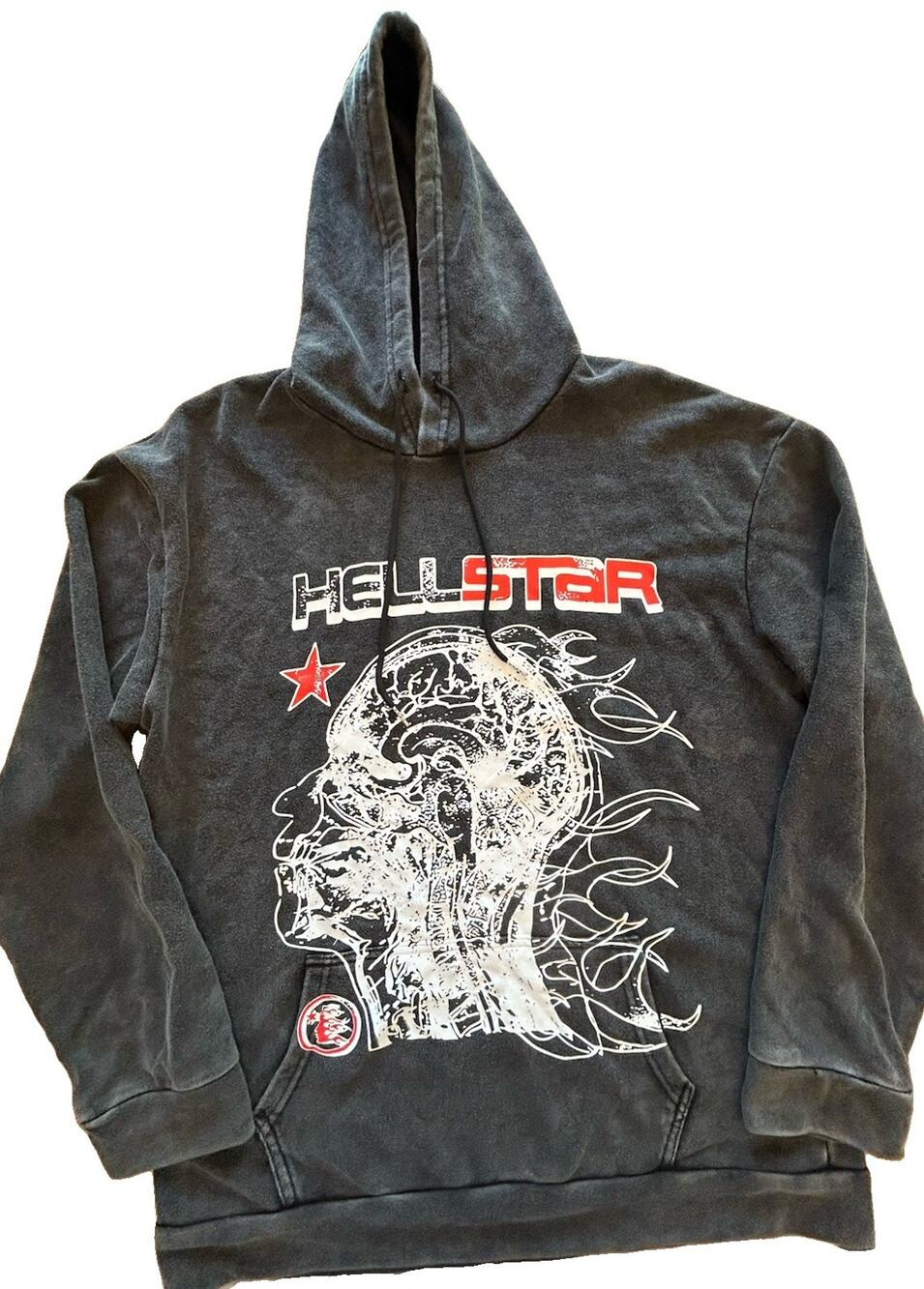 Hellstar Distressed Gray Pullover Hoodie Men’s Graphic Print Steetwear Sz Medium